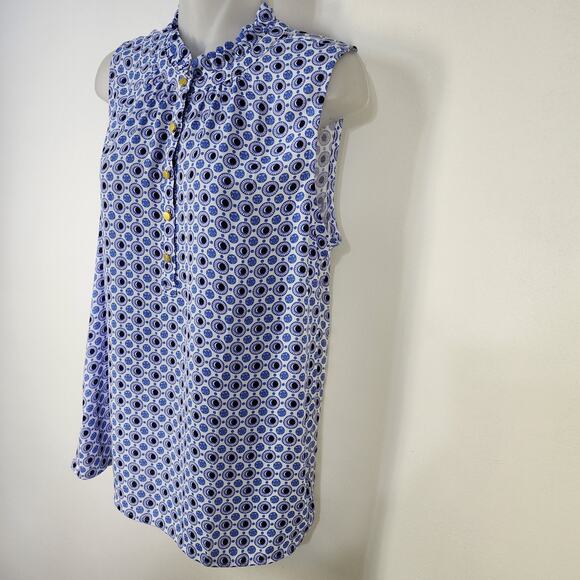 LOFT Blouse Womens Small Blue Geometric Button Popover Ruffle Neck Sleeveless - Picture 5 of 10